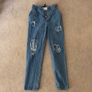 ripped blue jeans from forever 21, button up (no zipper), high-waisted